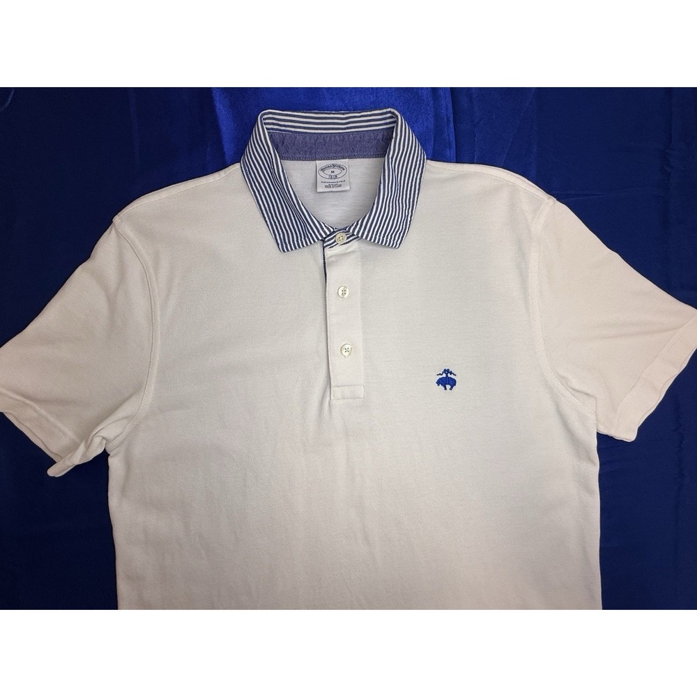 Brooks Brothers Polo Men's Medium White Blue Striped Collar Performance Shirt